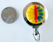 Fused glass badge reel - ID tag reel - ID badge - retractable badge reel - retractable fused glass holder - yellow - blue -orange