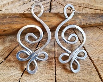 Unique BIG Earrings, Celtic Budding Spiral Earrings, Light Weight Hammered Aluminum Earrings, Celtic Jewelry, Women, Long Dangle Earrings