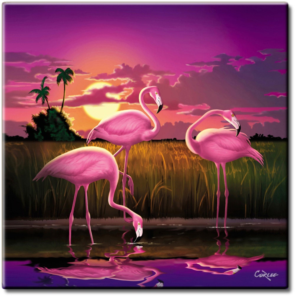 Decorative Tropical Pink Flamingos Sunset Coasters Ceramic