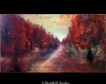 ORIGINAL Painting Contemporary Art in Red - Abstract Trees Painting on Canvas 36x20 by BenWill