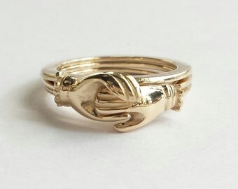 14K Gold Gimmel Ring, Antique Fede Ring, Gold Engagement Ring, Betrothal Ring, Claddagh Ring. Protective Hands Ring. Custom Size.
