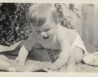 vintage photo 1930 Baby Margaret in Diaper Reading Tearing up The Examiner Newspaper