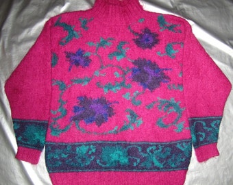 Mohair Sweater Vintage 80's - Pink, Purple and Teal Green Floral Knit Designs - Michelle Stuart - Small S