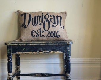 Name and Date pillow - est. year - Quincy Burlap Pillow - Custom Name
