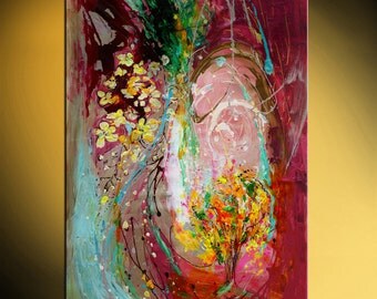 42" Abstract painting on canvas Golden rain tree vivid marine purple yellow color warm background thick paint huge wall hanging Israeli art
