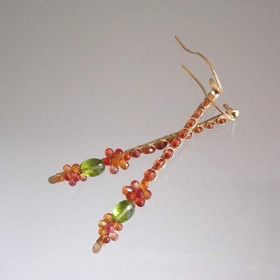 Fiery Orange Sapphire 14k Gold Filled Earrings Wire Wrapped