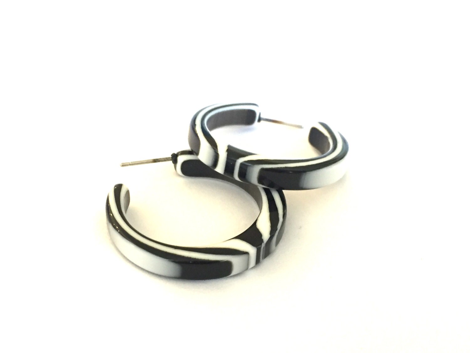 Black and White Hoop Earrings Marbled Hoops Striped