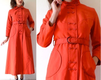 SUMMER SALE/ 30% off Vintage 60s 70s Debutogs New York Tomato Red Mod Belted Trench Coat (size xs, small)