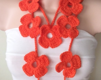 Flower Scarf Handmade Crochet Orange Flower Lariat, Scarf, Necklace