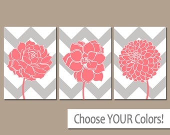 Coral Gray Bathroom Artwork, CHEVRON Flower Wall Art, CANVAS or Prints, Coral Bedroom Pictures, Succulent Flower Dahlia Set of 3 Home Decor