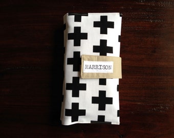 Diaper Clutch, Nappy Wallet, Black and White Swiss Cross, Scandinavian Style, Personalized, Monogram, On-The-Go, Baby Shower Gift
