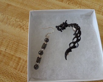 Black Dragon ear cuff for left ear and handmade bead earring for right ear