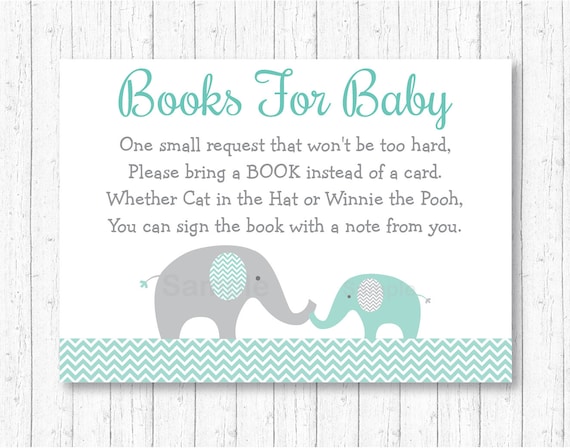 Mint Green & Grey Chevron Elephant Printable Baby Shower Book Request Cards