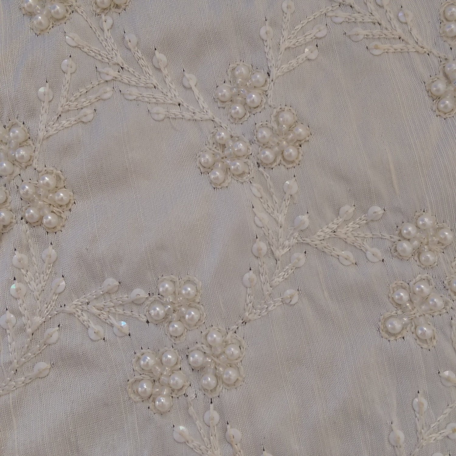 White Beaded Fabric by the 1/2 Yard, Silk White Dupioni, Embroidered Silk Embellished with