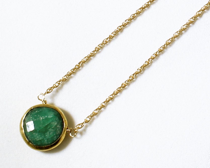 Green Emerald Necklace 18k Gold Bezel Genuine Emerald Necklace