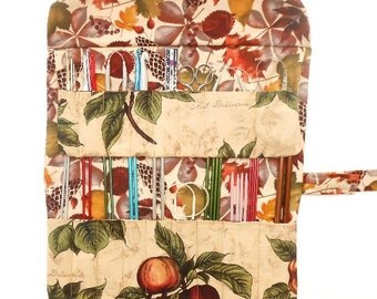 Fruit Print Knitting Needle Case, Green Maroon Tan Crochet Hook Holder, Makeup, Artist Supply or Pencil Storage, Double Pointed Needle Roll