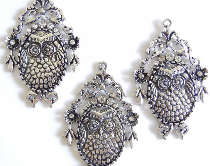 Set of 3 Large Owl Bird Pendants Antique Silver-tone Rhinestone