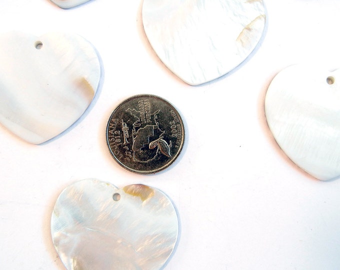 Six Large Black Herringbone Decaled Abalone Shell Heart Charms