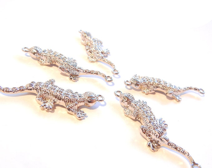 5 Silver-tone Double Link Lizard Charm Pendants Textured