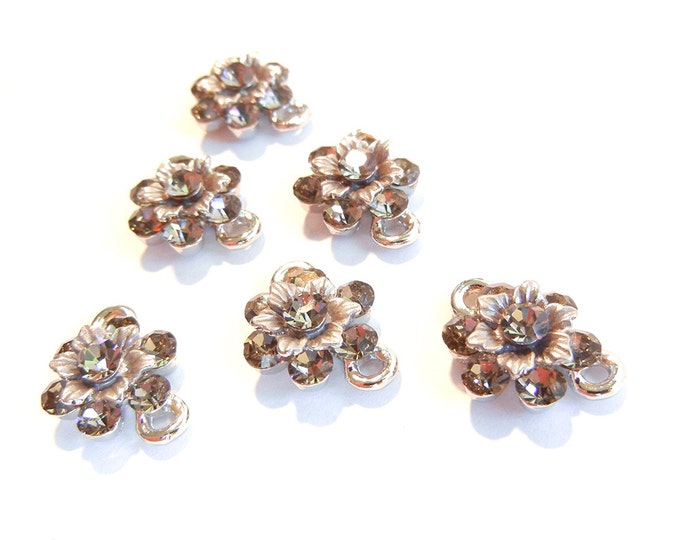 6 Small Gray Rhinestone Flower Double Link Charms Antique Silver-tone