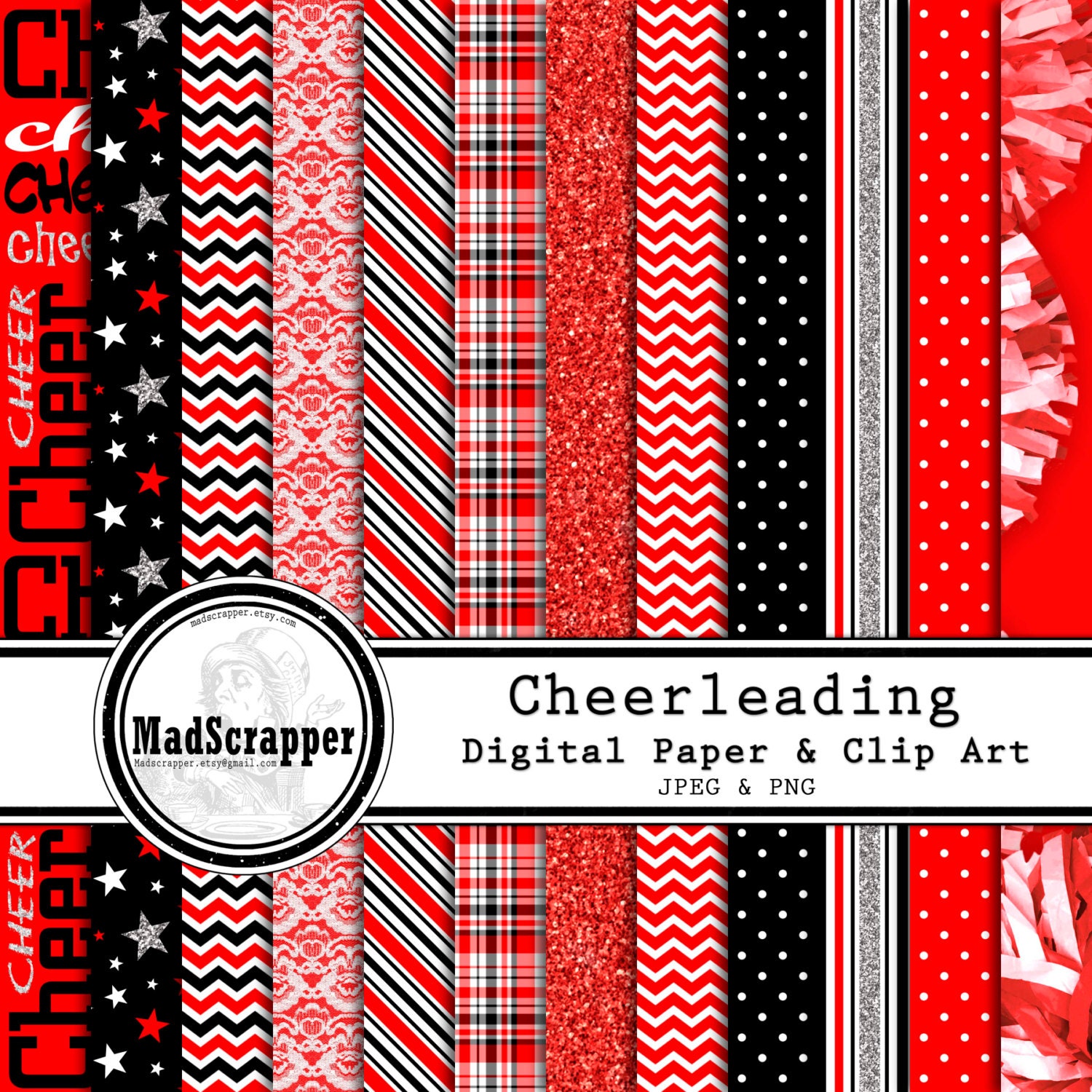 Digital Scrapbook Paper Cheerleading Red and Black 12 Patterns