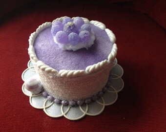 Fake Faux Cake Gift Box for Birthday Gift in pale purple and white with faux candies on top