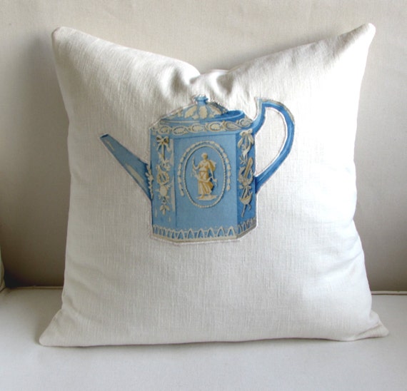 TEAPOT appliqued on off white linen decorative pillow cover