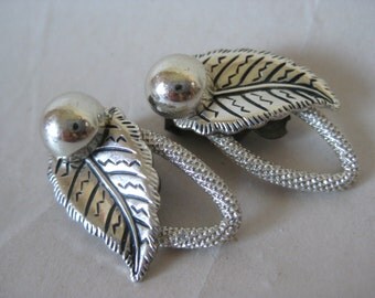Leaf Silver Earrings Clip Vintage