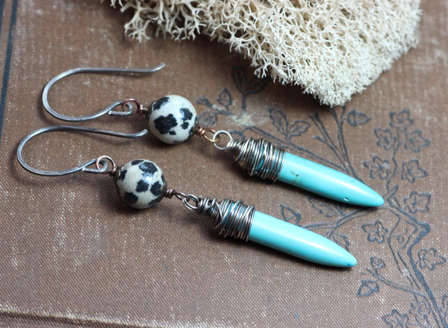 Turquoise Magnesite Dalmation Jasper Earrings Wire Wrapped