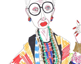 IRIS APFEL disegno Stampa / ritratto / mista / avanzato stile / nonna Groovy / icona di moda / dimensioni a4-a3