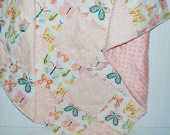 baby girl quilt- pink baby girl quilt- butterfly baby quilt- baby girl bedding--minky baby quilt- coral pink baby quilt- winged baby quilt