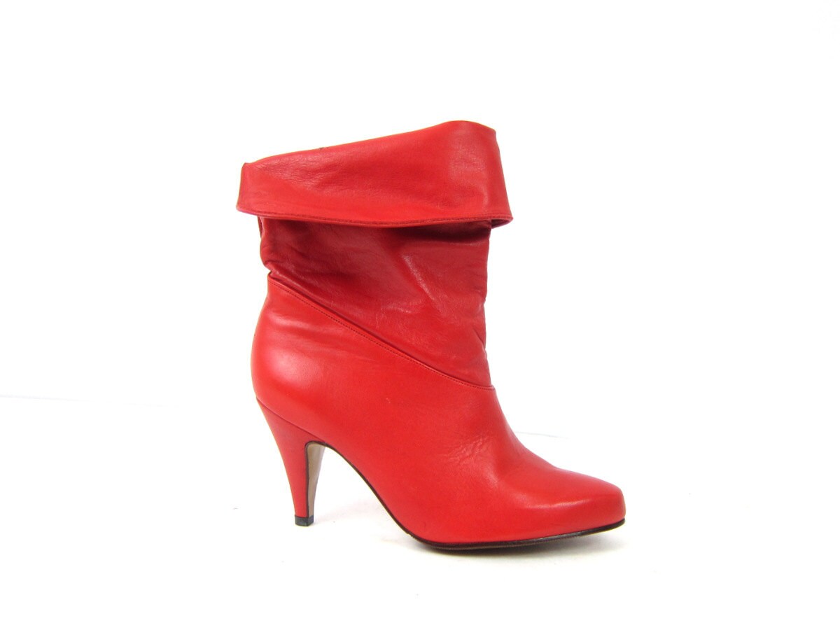 80s Red Leather Booties Slouchy Low Calf Boots 1980s Hipster