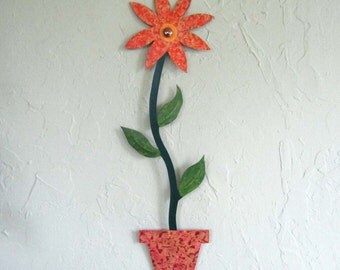 Metal Wall Sculpture Flower Art Kitchen Bathroom Dining Room Decor Recycled Metal Wall Art Orange Yellow Burgundy 25 x 8