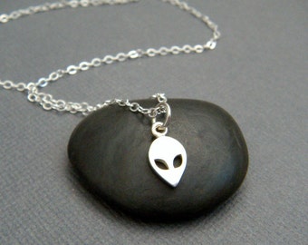 tiny silver alien emoji necklace small sterling silver extraterrestrial pendant space science geekery jewelry. quirky kitschy UFO charm 3/8"