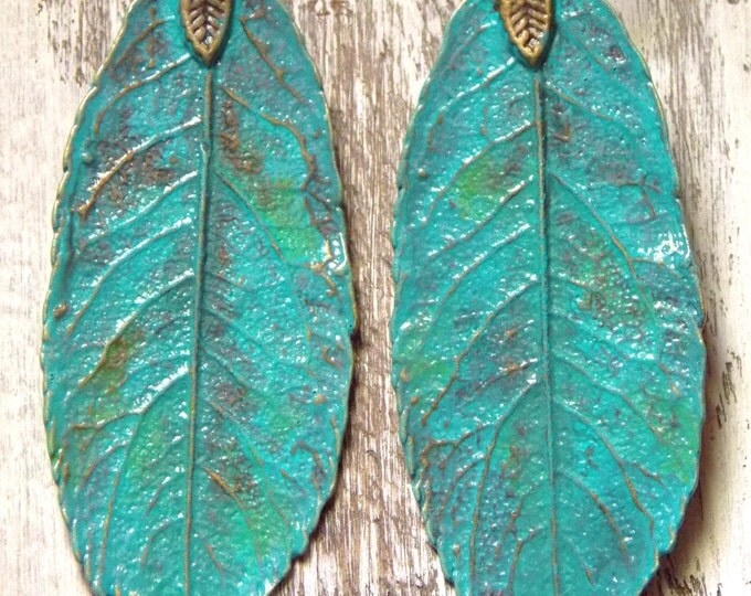 Leaf Earrings Feather Earrings Dangle Bohemian Earrings Rustic Patina Turquoise Boho Earrings Dangle Jewelry Earrings Light Leaf Woodland