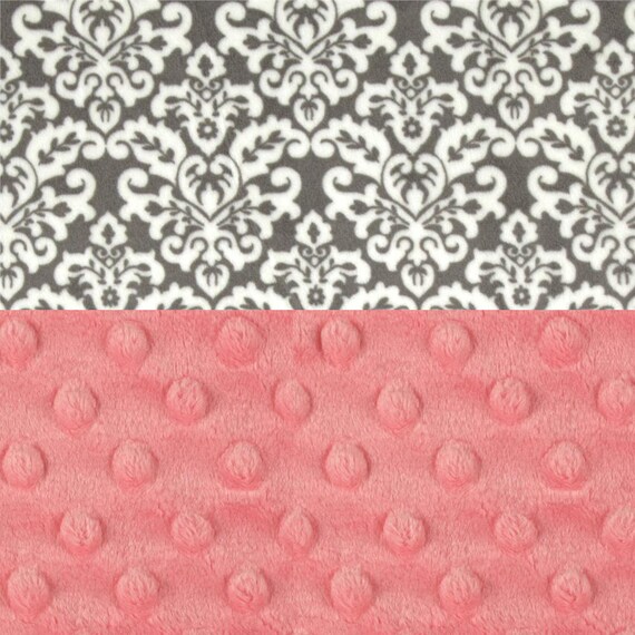 Minky Baby Blanket Girl, Personalized Baby Blanket -Gray Damask coral Blanket- Stroller Blanket - Nursery Decor // Name Blanket // #SDB017