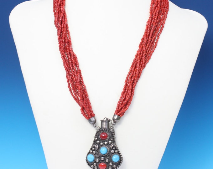 Boho Tribal Perfume Pendant Necklace Coral and Turquoise Glass Beads