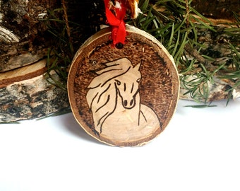 Wood Burned Horse Ornament-Birch Slice Horse Ornament-Tree Slice Custom Ornament