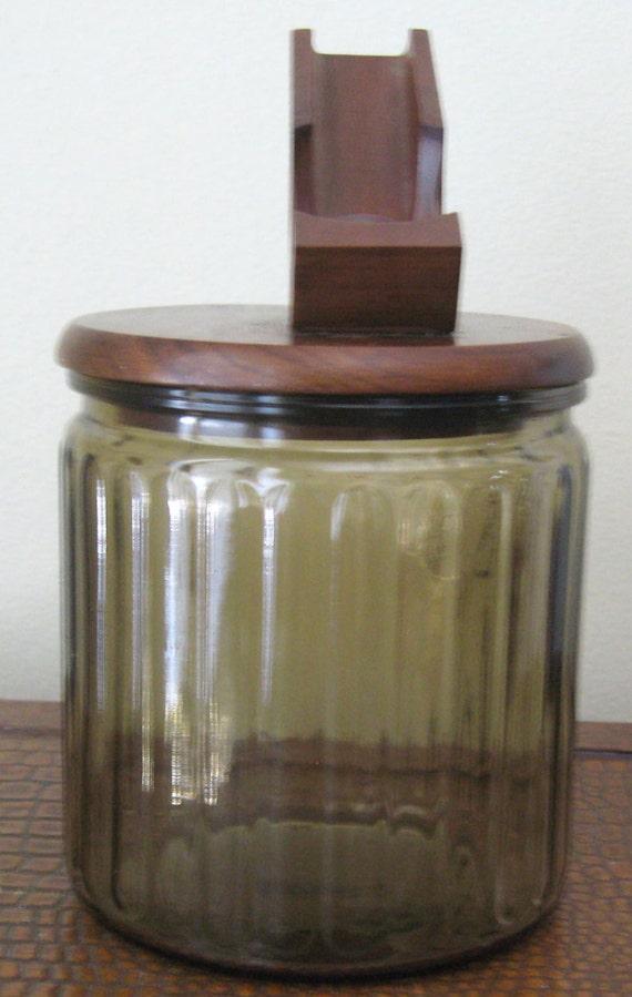Vintage Tobacco Walnut Wood Aztec Glass Humidor Jar with Pipe