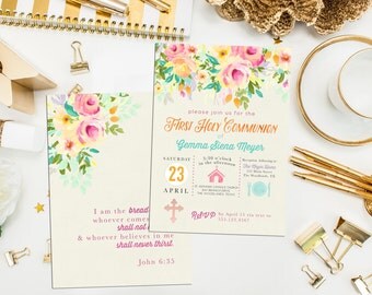 Floral First Communion Invitation. Floral Baptism Invite. Custom Icon First Holy Communion. Icon Invite. Communion. Girl Communion Invite