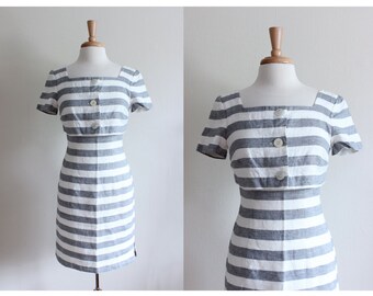 Vintage Grey & White Stripe Linen Dress / Geary Roark Dress