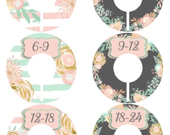 6 Precut Baby Closet Dividers, Baby Shower Gift, Floral, Pink, Mint Nursery Decor Clothing Baby Clothes