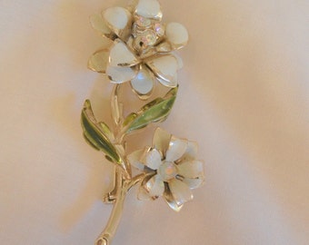 Gorgeous large white green enamel Aurora borealis rhinestone flower Brooch