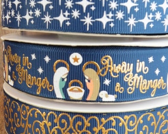 7/8 Away in a Manger, Baby Jesus Ribbon, Christmas Ribbon, Manger Ribbon, Angel Ribbon, Nativity, RIBBON by the YARD