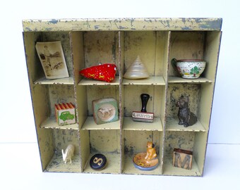 Vintage Yellow Metal Divided Drawer, Industrial Storage, Metal Cubby Organizer, Craft Storage, Unique Collection Display