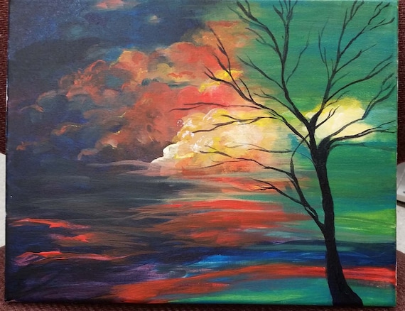 Items similar to Landscape Sunset Acrylic Painting 11 x 14 Tree Clouds ...