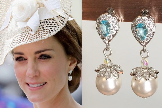Kate Middleton Aqua Silver Pearl Drop Earrings by DBakerJewelry
