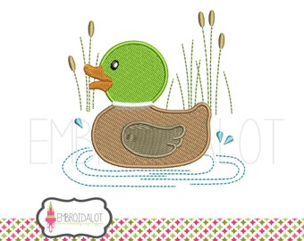 Duck machine embroidery design. Cute mallard duck in pond embroidery, filled stitch. Fun duck embroidery.