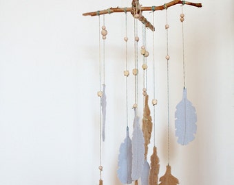 Wool feathers mobile, wood beads, on a wood branches, wool yarn, made to order, choose your colours, eco-friendly, reclaimed materials