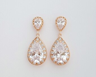 Rose Gold Earrings Bridal Jewelry Rose Gold Bridal Earrings Cubic Zirconia Large Teardrop Pink Gold Bridal Earrings Wedding Jewelry, Evelyn